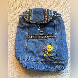 Vintage Y2k Denim Looney tunes Tweety Bird Backpack Kidcore Bohemian
